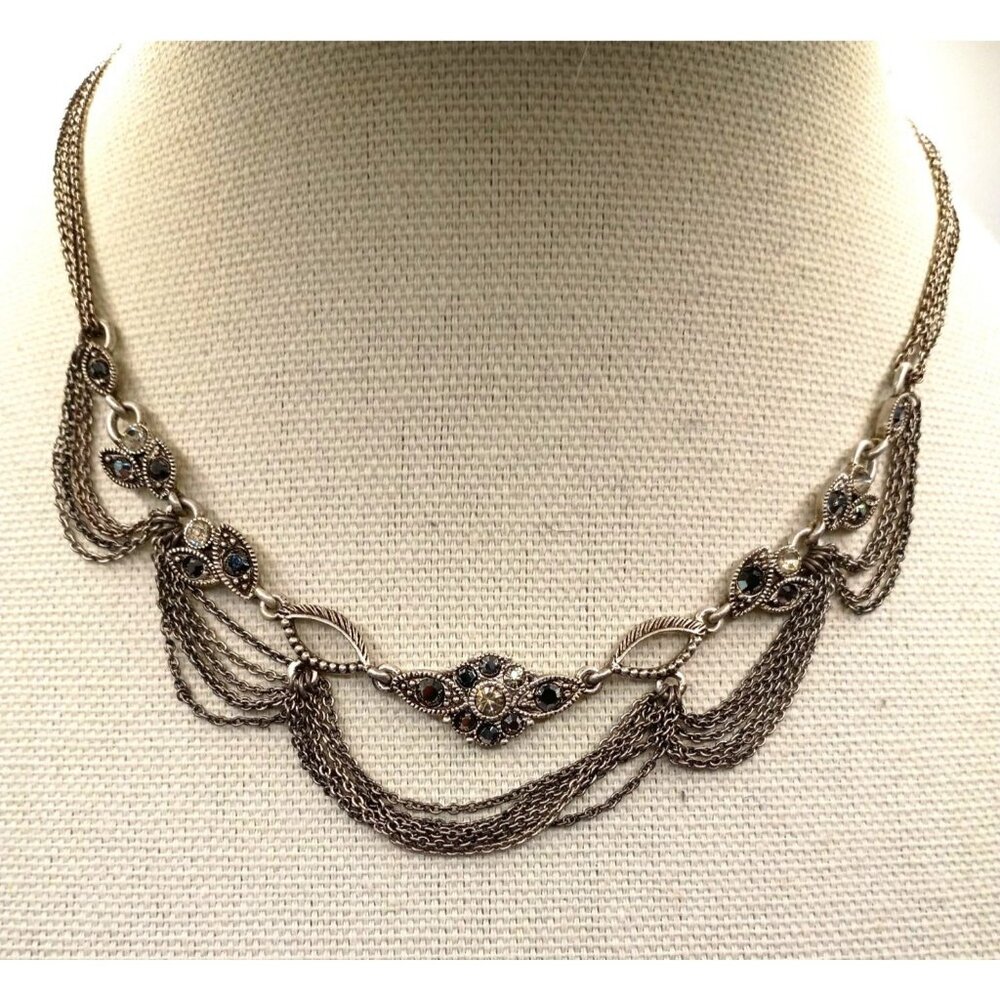 Vintage Black & Clear Rhinetone Bib Collar Necklace Layered Dangle Chain